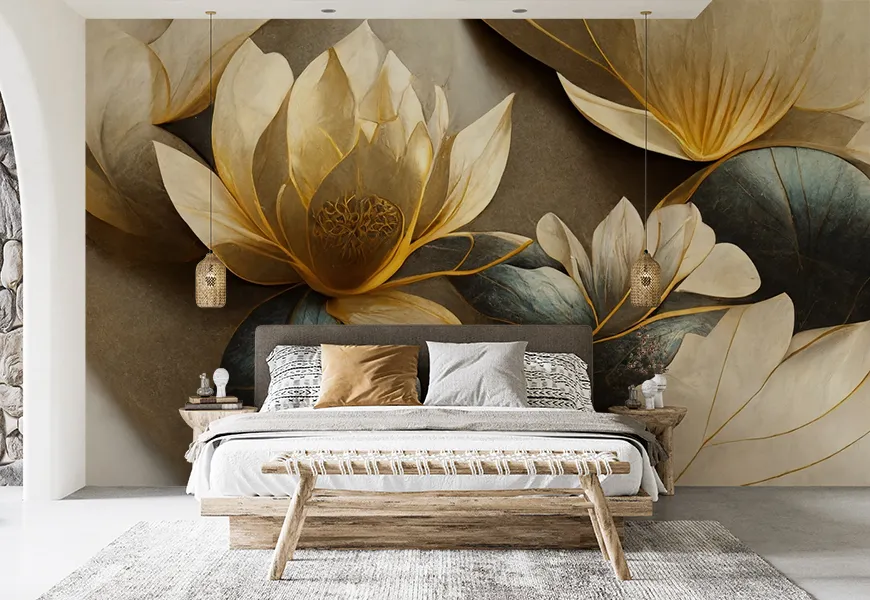 کاغذ دیواری 3 بعدی اتاق خواب عروس و داماد طرح گل نیلوفرطلایی